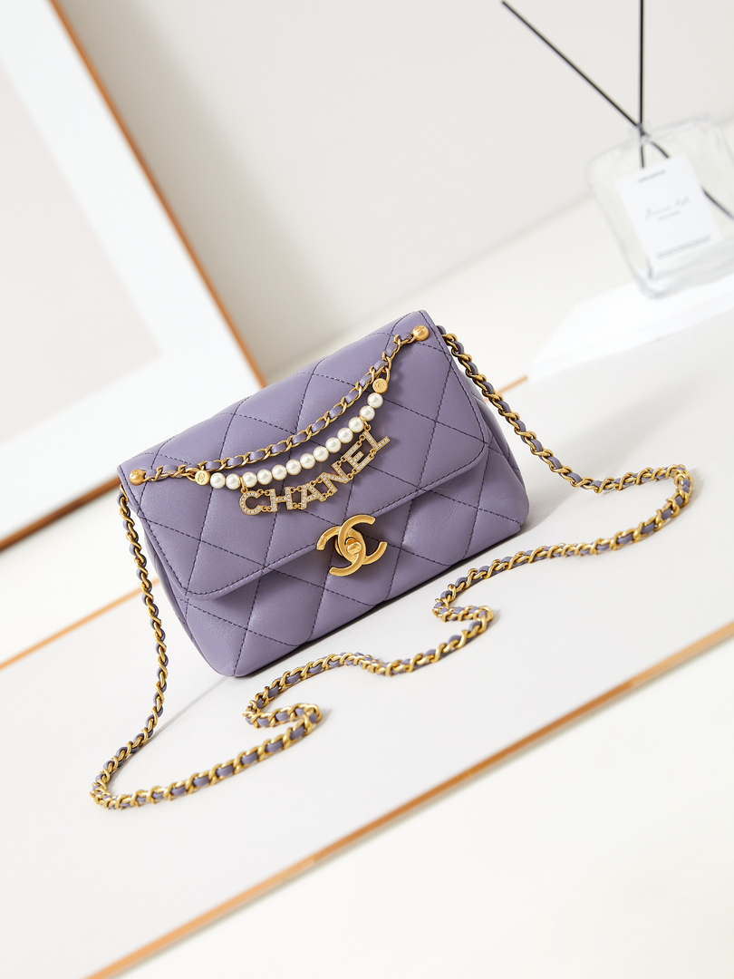 Chanel AS4986 Mini Flap bag Shiny Lambskin  Imitation Pearls & Gold-Tone Metal Light Purple