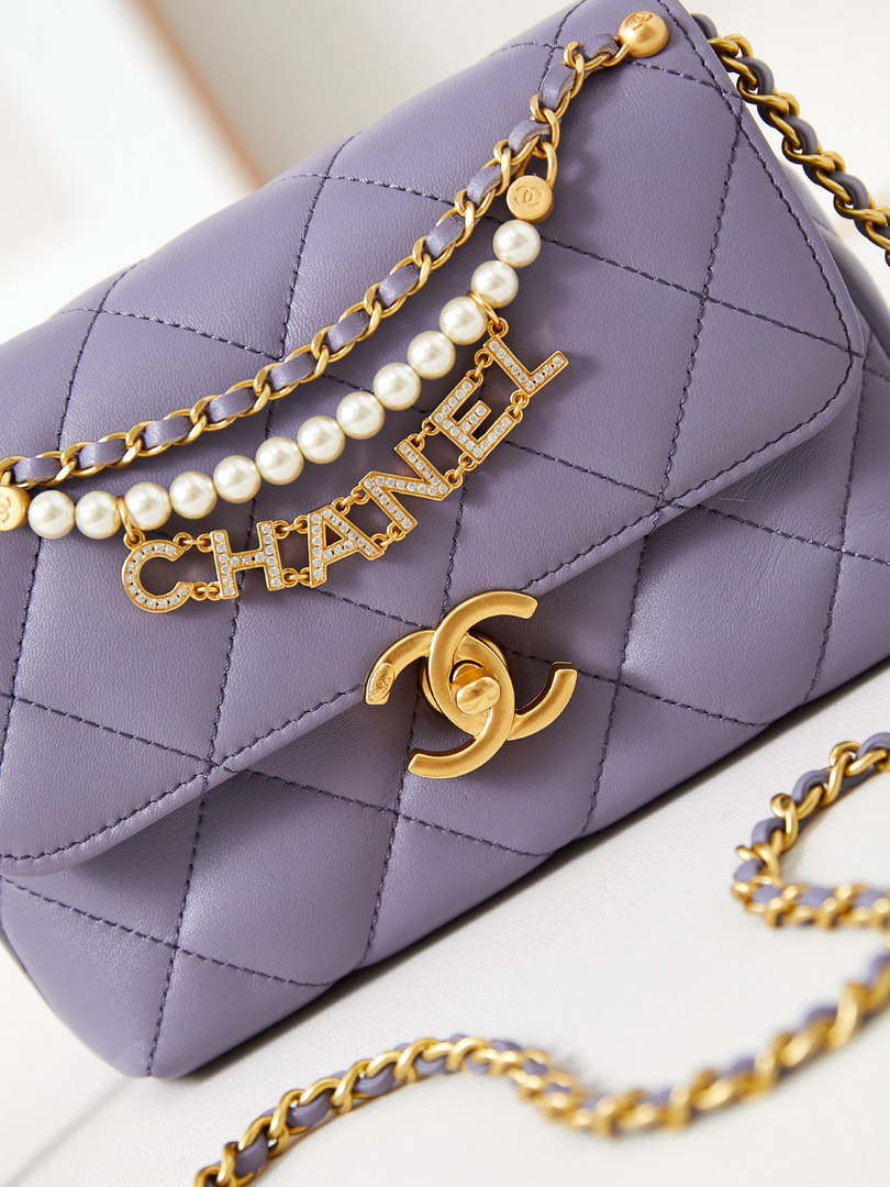 Chanel AS4986 Mini Flap bag Shiny Lambskin  Imitation Pearls & Gold-Tone Metal Light Purple