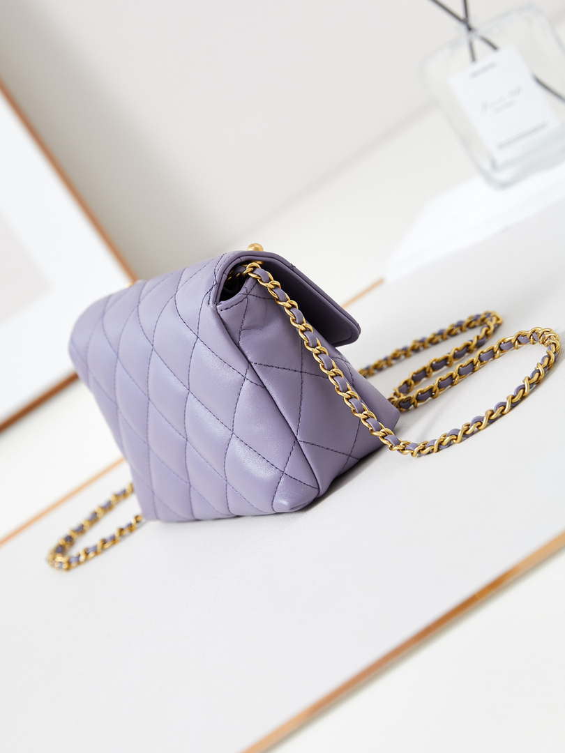 Chanel AS4986 Mini Flap bag Shiny Lambskin  Imitation Pearls & Gold-Tone Metal Light Purple