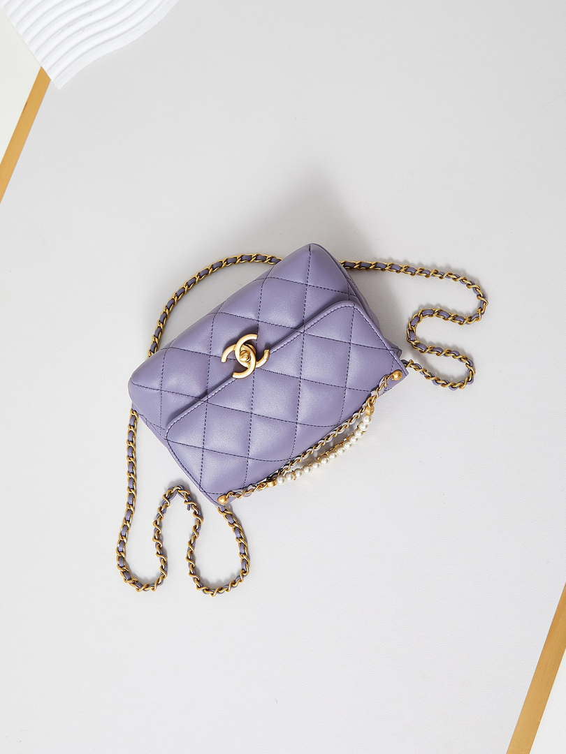 Chanel AS4986 Mini Flap bag Shiny Lambskin  Imitation Pearls & Gold-Tone Metal Light Purple