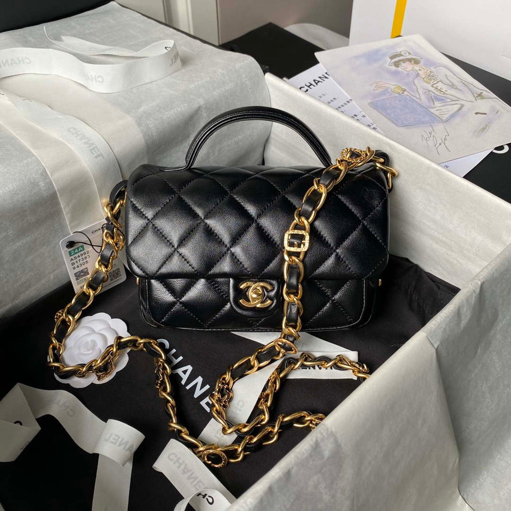 Chanel AS4992 Mini Flap Bag with Top Handle Shiny Lambskin & Gold-Tone Metal Black