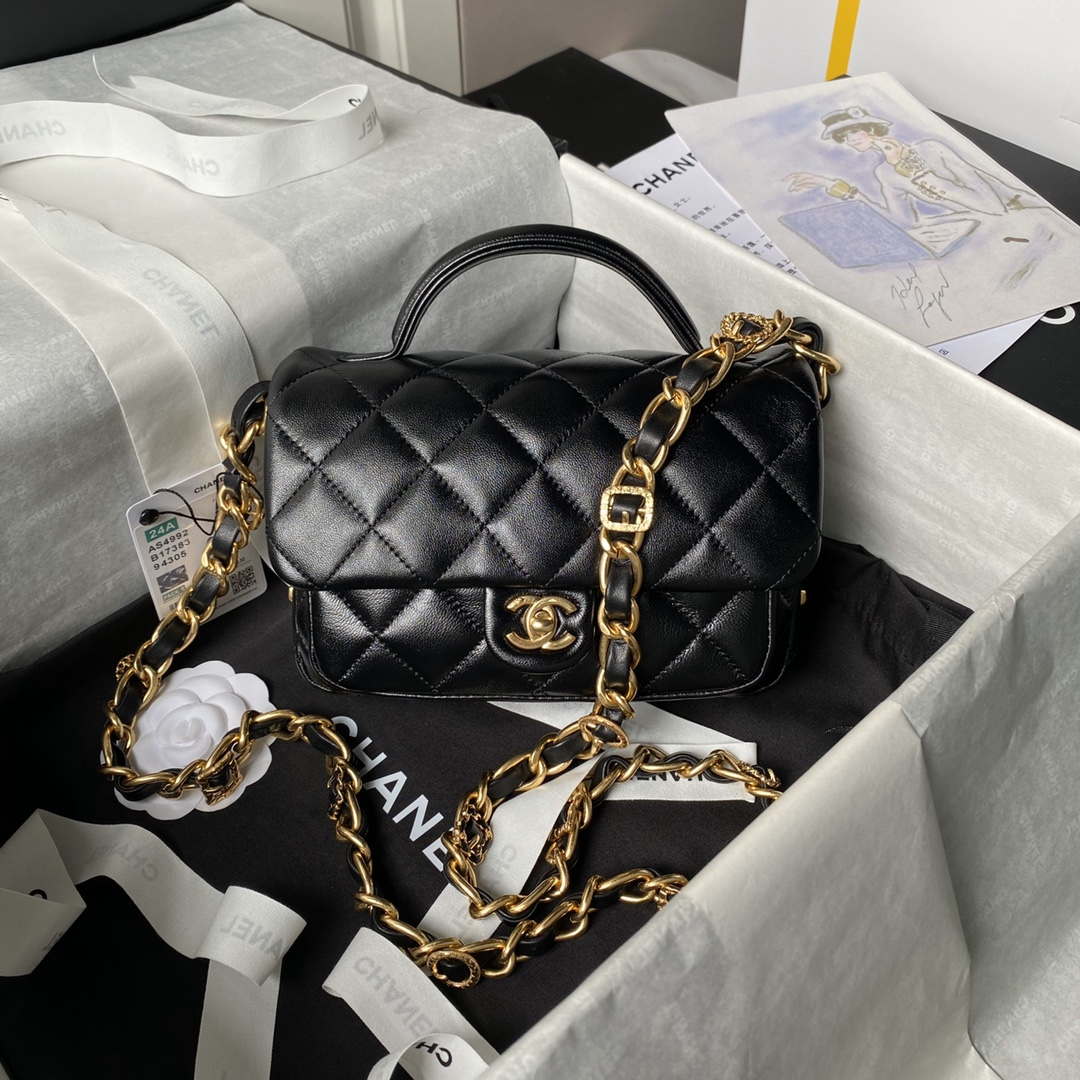 Chanel AS4992 Mini Flap Bag with Top Handle Shiny Lambskin & Gold-Tone Metal Black - Default Title - View 1