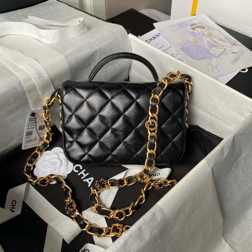 Chanel AS4992 Mini Flap Bag with Top Handle Shiny Lambskin & Gold-Tone Metal Black