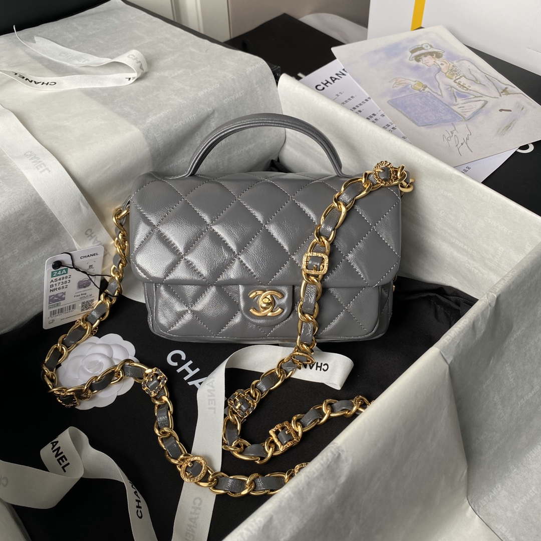 Chanel AS4992 Mini Flap Bag with Top Handle Shiny Lambskin & Gold-Tone Metal Gray - Default Title - View 1