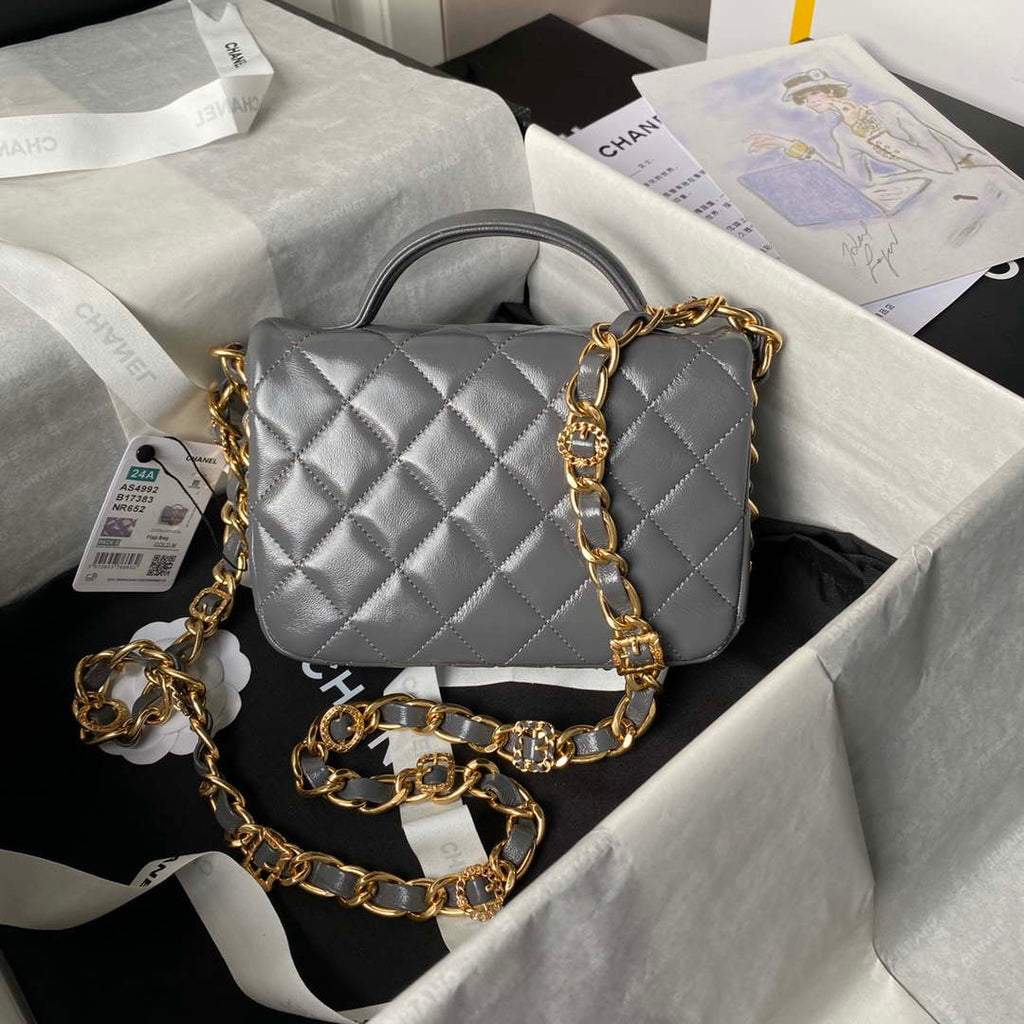 Chanel AS4992 Mini Flap Bag with Top Handle Shiny Lambskin & Gold-Tone Metal Gray