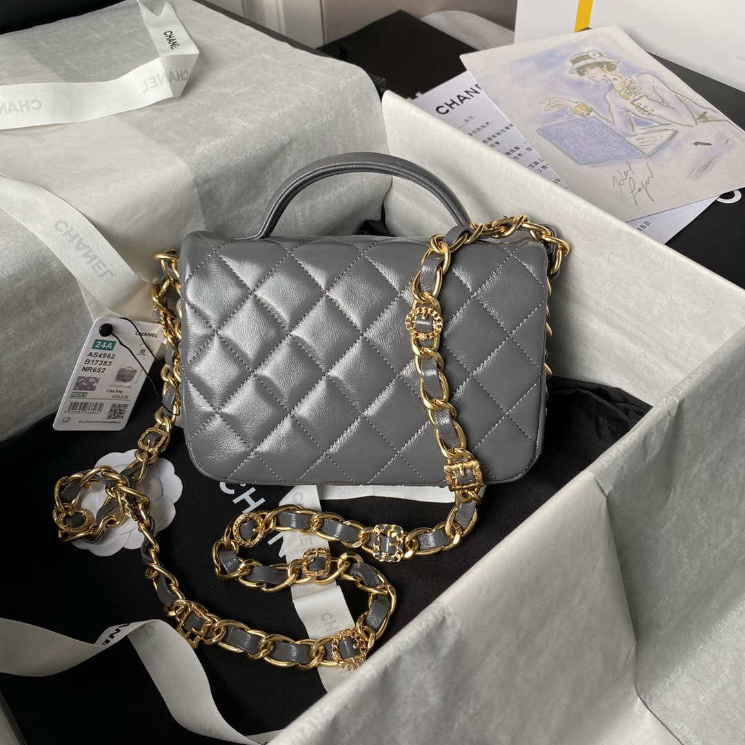 Chanel AS4992 Mini Flap Bag with Top Handle Shiny Lambskin & Gold-Tone Metal Gray - Default Title - View 2