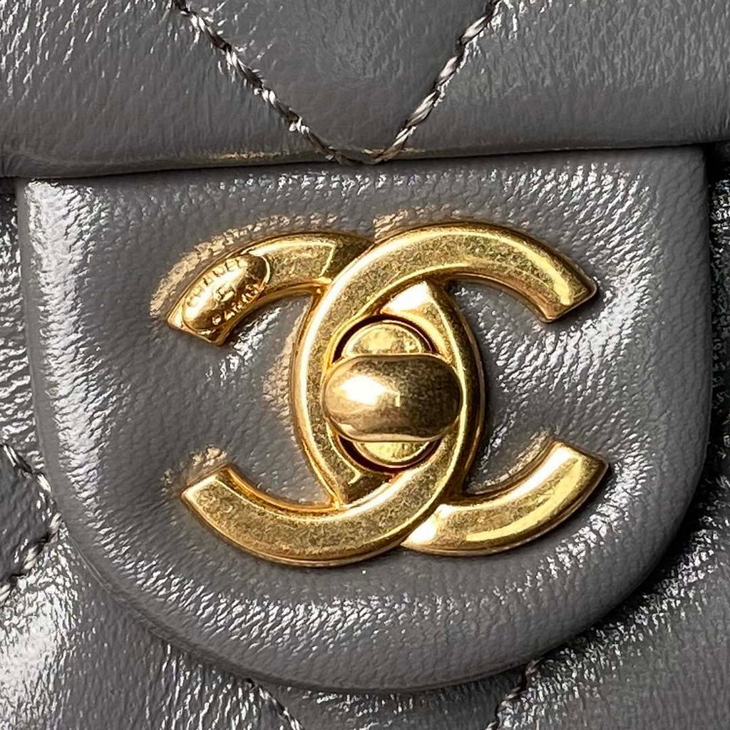 Chanel AS4992 Mini Flap Bag with Top Handle Shiny Lambskin & Gold-Tone Metal Gray