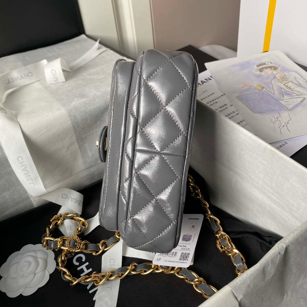 Chanel AS4992 Mini Flap Bag with Top Handle Shiny Lambskin & Gold-Tone Metal Gray