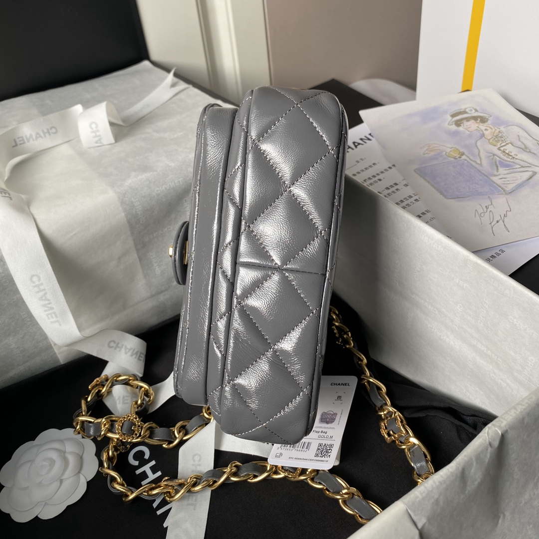 Chanel AS4992 Mini Flap Bag with Top Handle Shiny Lambskin & Gold-Tone Metal Gray - Default Title - View 7