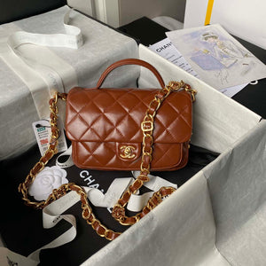 Chanel AS4992 Mini Flap Bag with Top Handle Shiny Lambskin & Gold-Tone Metal Brown - Default Title - View 1