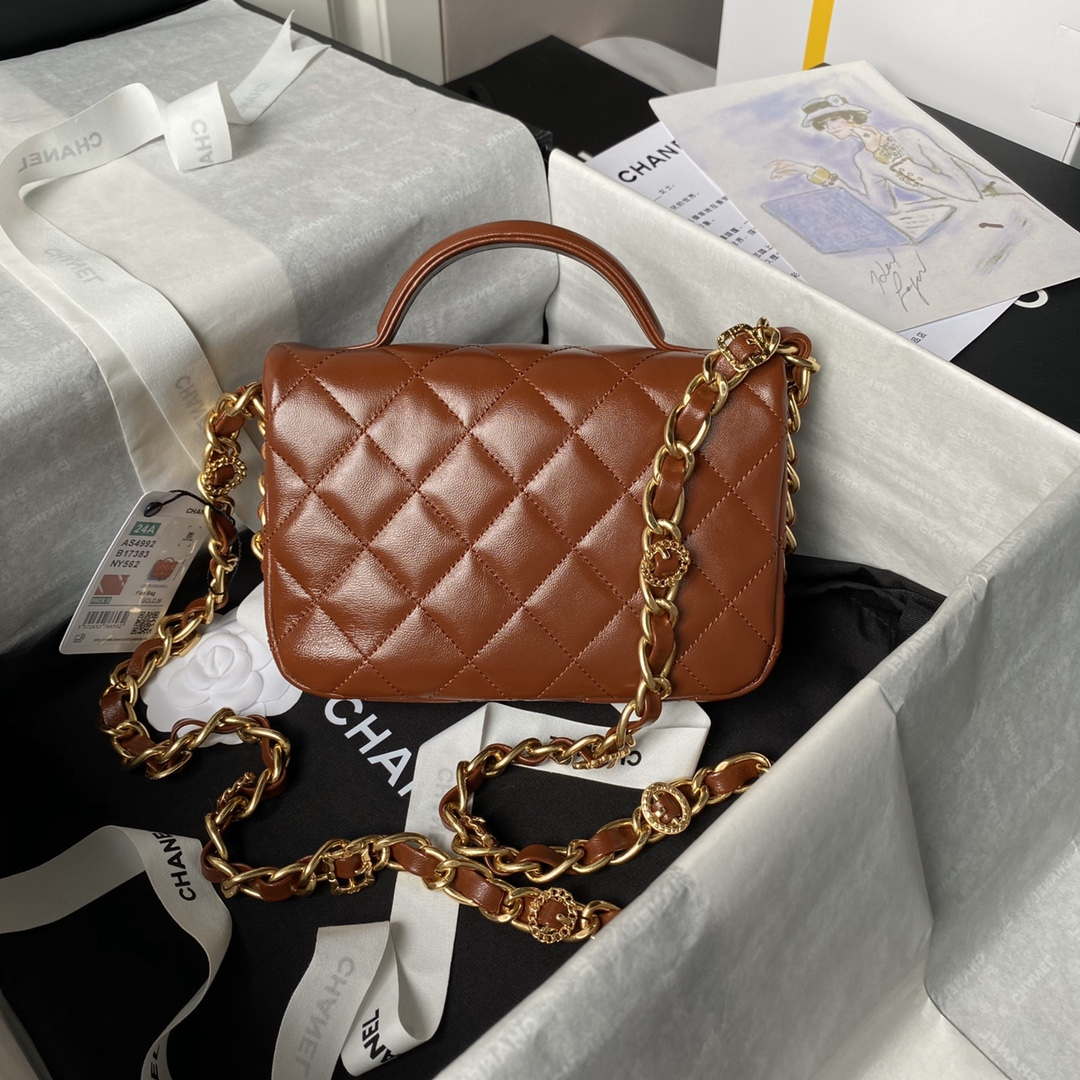 Chanel AS4992 Mini Flap Bag with Top Handle Shiny Lambskin & Gold-Tone Metal Brown - Default Title - View 2