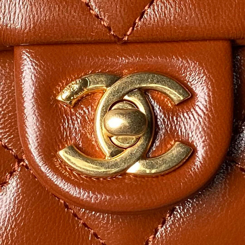 Chanel AS4992 Mini Flap Bag with Top Handle Shiny Lambskin & Gold-Tone Metal Brown