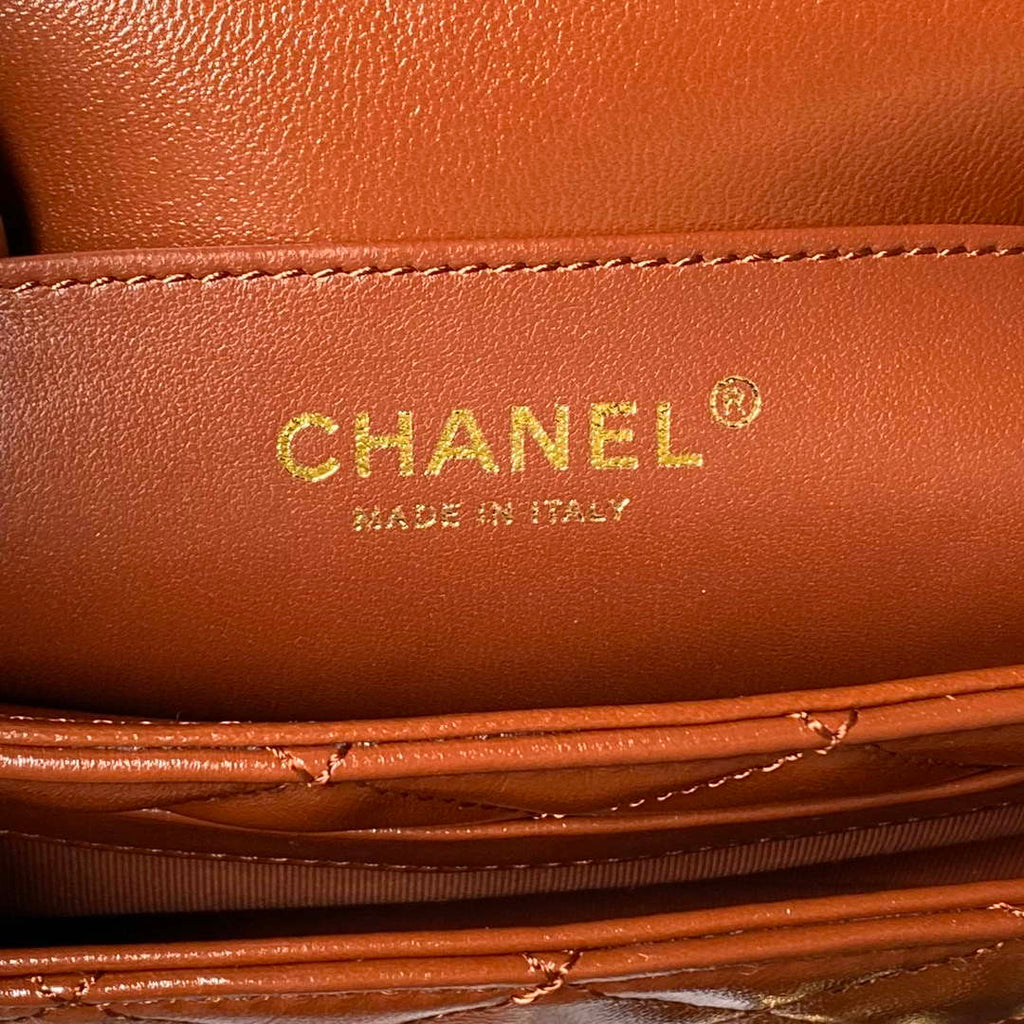Chanel AS4992 Mini Flap Bag with Top Handle Shiny Lambskin & Gold-Tone Metal Brown