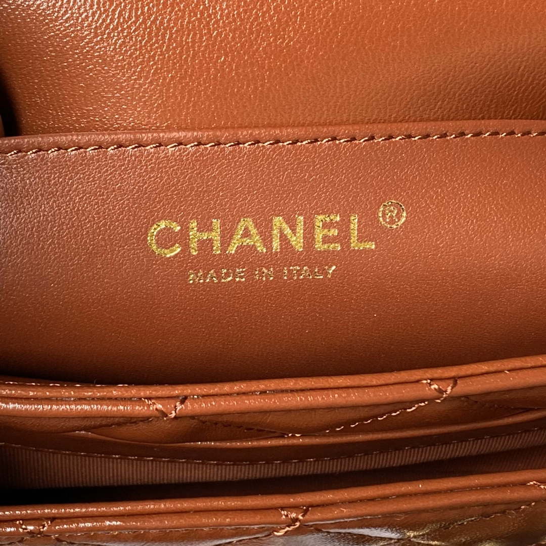Chanel AS4992 Mini Flap Bag with Top Handle Shiny Lambskin & Gold-Tone Metal Brown