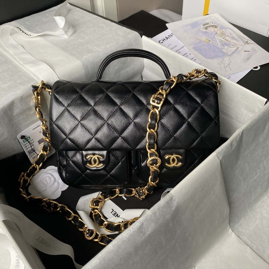 Chanel AS4993 Flap Bag with Top Handle Shiny Lambskin & Gold-Tone Metal Black - Default Title - View 1