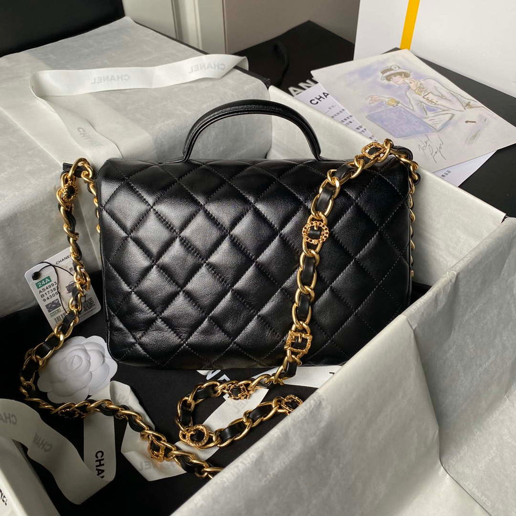 Chanel AS4993 Flap Bag with Top Handle Shiny Lambskin & Gold-Tone Metal Black