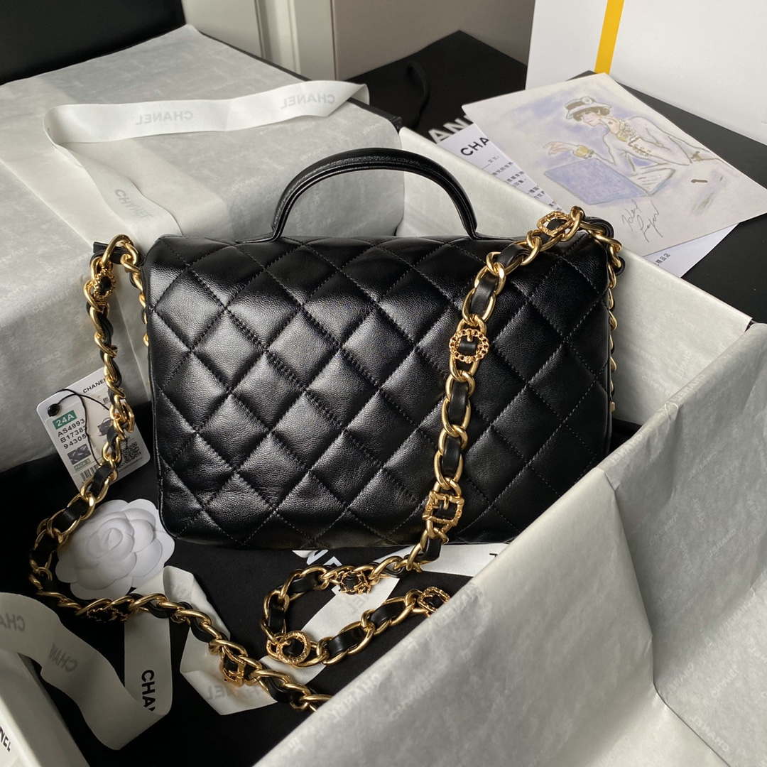 Chanel AS4993 Flap Bag with Top Handle Shiny Lambskin & Gold-Tone Metal Black - Default Title - View 2