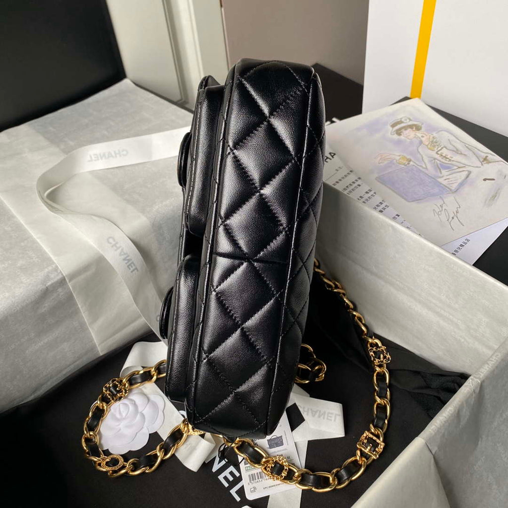 Chanel AS4993 Flap Bag with Top Handle Shiny Lambskin & Gold-Tone Metal Black