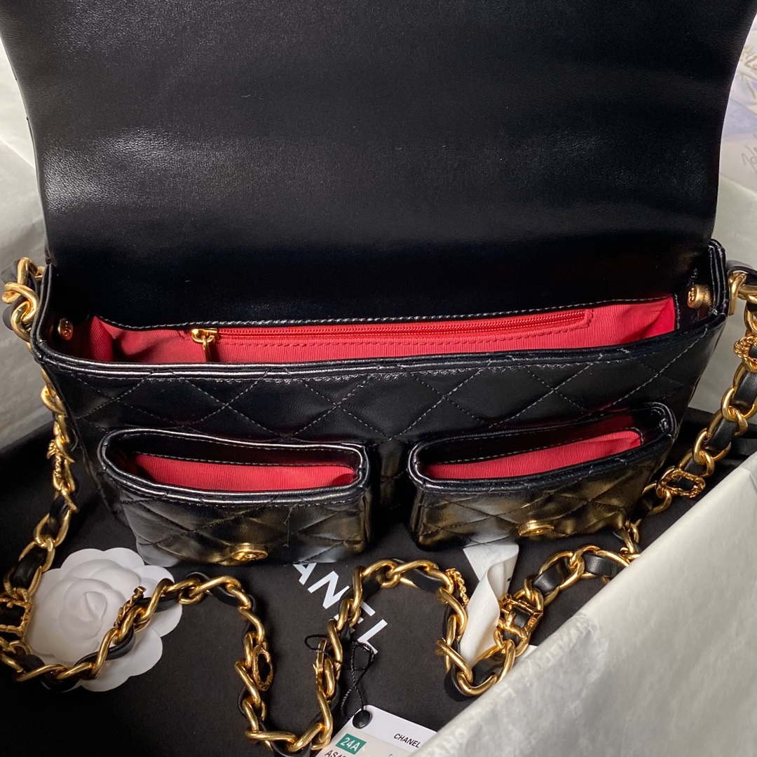 Chanel AS4993 Flap Bag with Top Handle Shiny Lambskin & Gold-Tone Metal Black