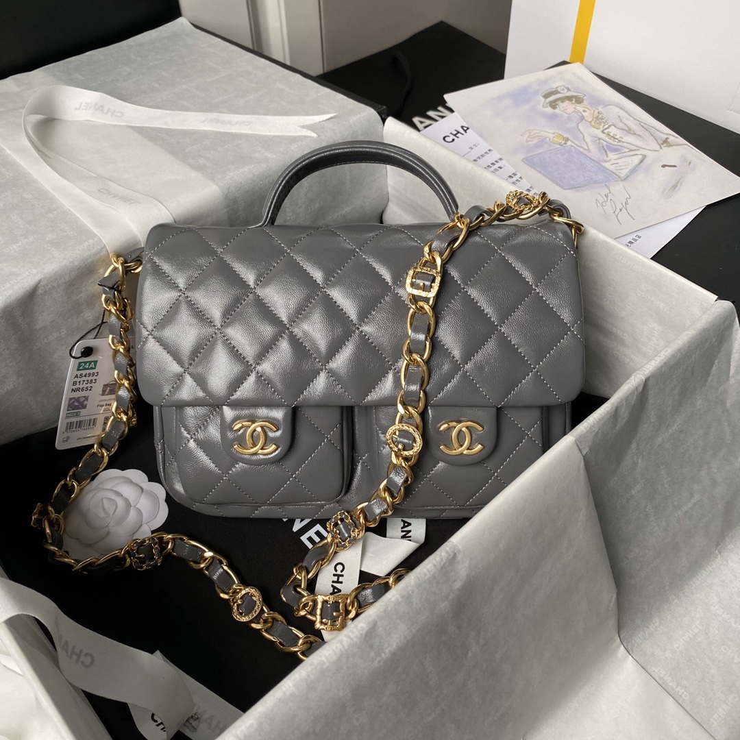 Chanel AS4993 Flap Bag with Top Handle Shiny Lambskin & Gold-Tone Metal Gray - Default Title - View 1