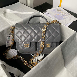 Chanel AS4993 Flap Bag with Top Handle Shiny Lambskin & Gold-Tone Metal Gray - Default Title - View 1