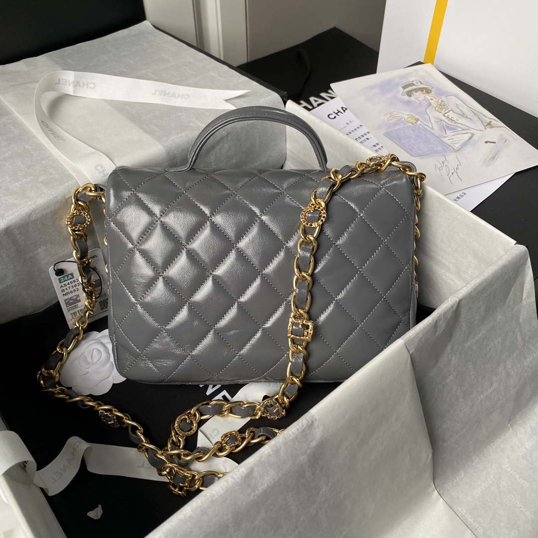 Chanel AS4993 Flap Bag with Top Handle Shiny Lambskin & Gold-Tone Metal Gray - Default Title - View 2