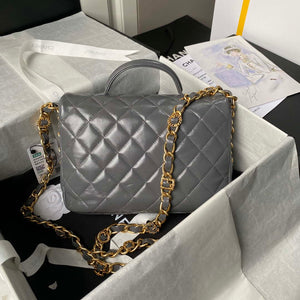 Chanel AS4993 Flap Bag with Top Handle Shiny Lambskin & Gold-Tone Metal Gray - Default Title - View 2