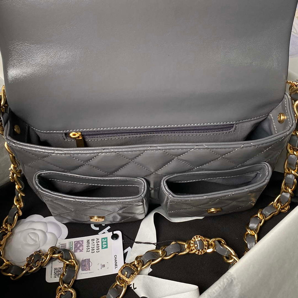 Chanel AS4993 Flap Bag with Top Handle Shiny Lambskin & Gold-Tone Metal Gray