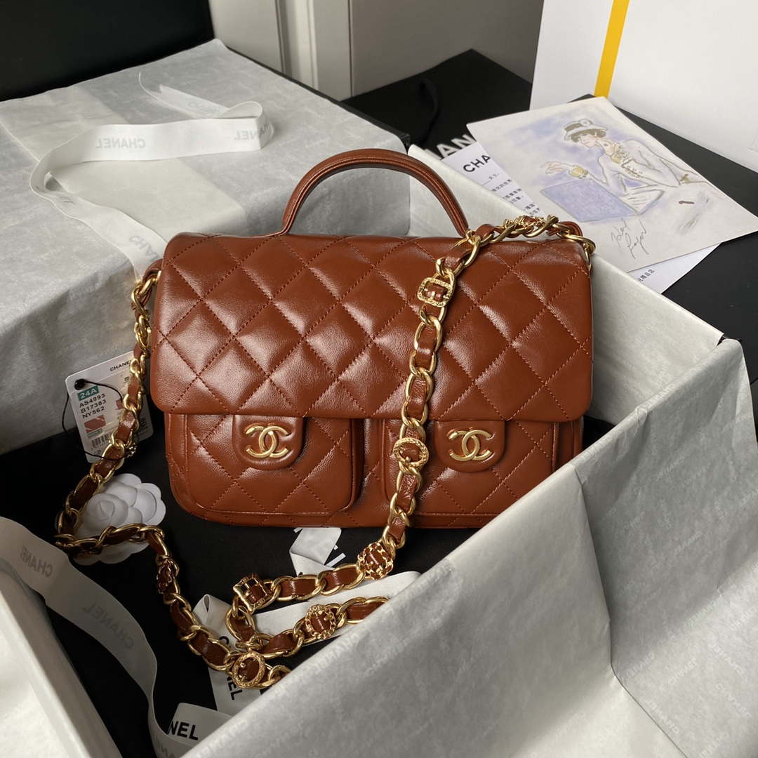 Chanel AS4993 Flap Bag with Top Handle Shiny Lambskin & Gold-Tone Metal Brown - Default Title - View 1