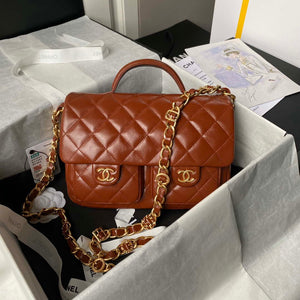 Chanel AS4993 Flap Bag with Top Handle Shiny Lambskin & Gold-Tone Metal Brown - Default Title - View 1