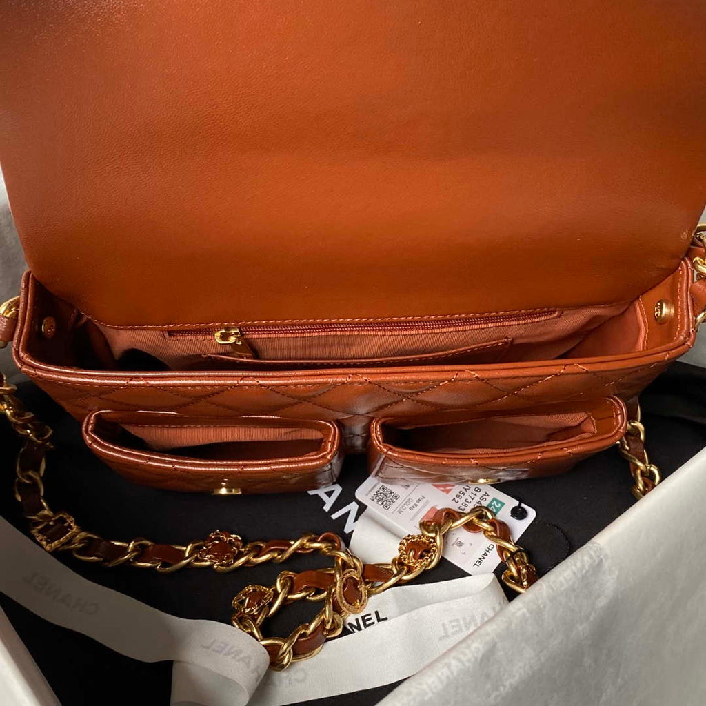 Chanel AS4993 Flap Bag with Top Handle Shiny Lambskin & Gold-Tone Metal Brown