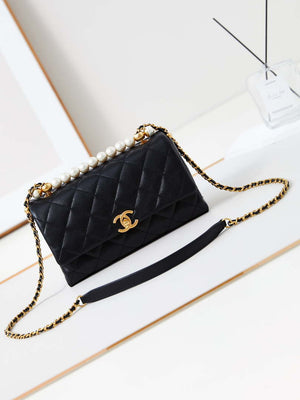 Chanel AS4997 Flap Bag with top Handle Shiny Lambskin  Imitation Pearls & Gold-Tone Metal Black - Default Title - View 1