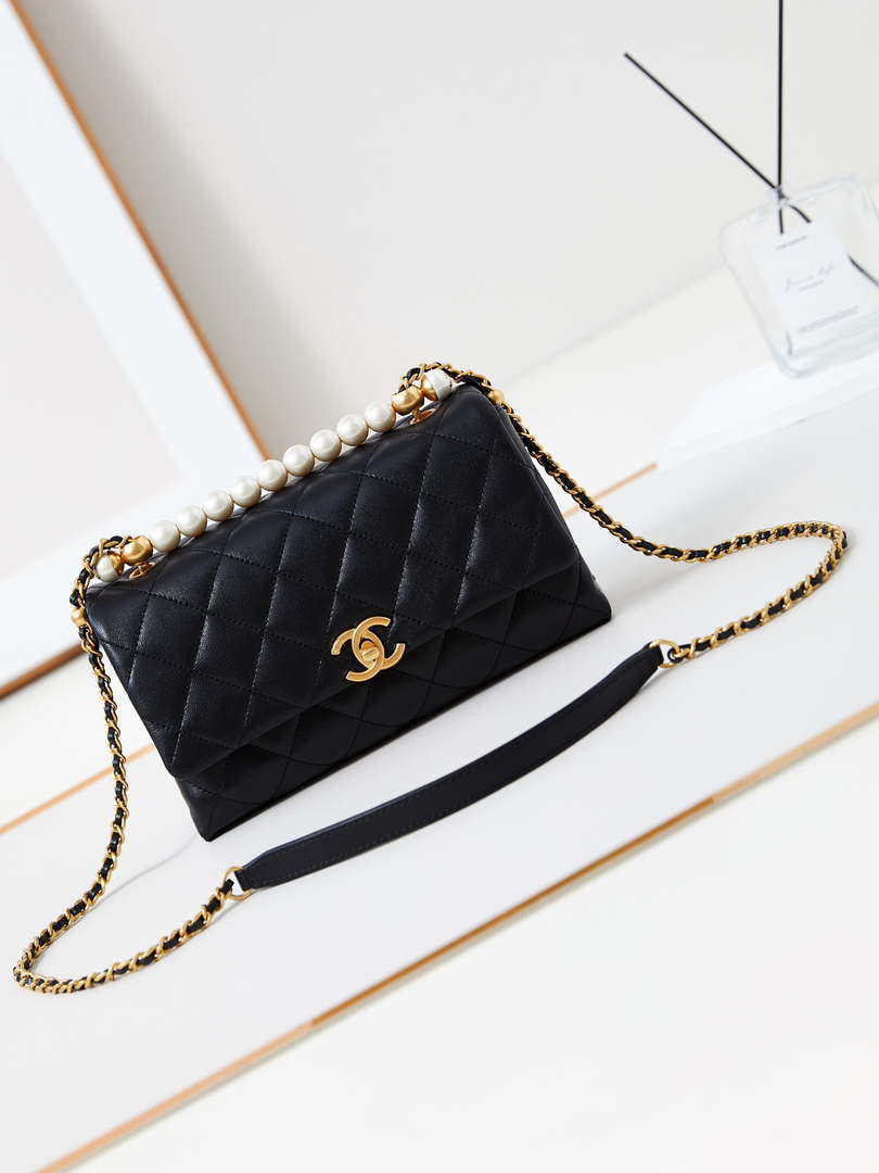 Chanel AS4997 Flap Bag with top Handle Shiny Lambskin  Imitation Pearls & Gold-Tone Metal Black