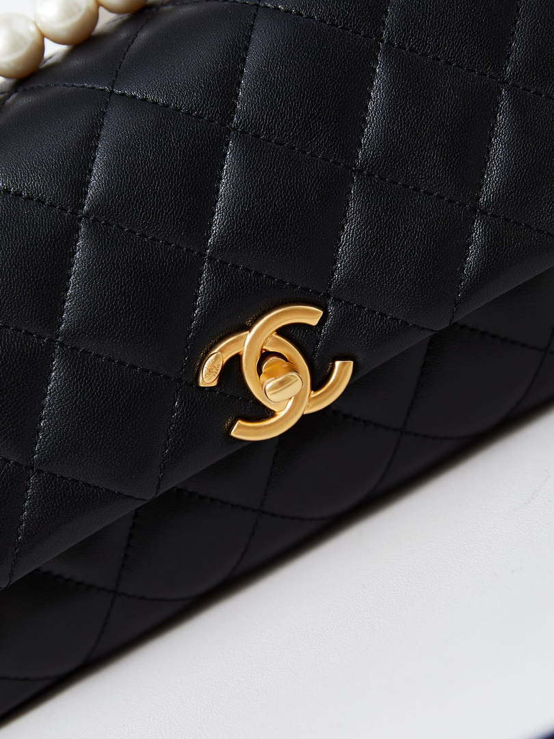 Chanel AS4997 Flap Bag with top Handle Shiny Lambskin  Imitation Pearls & Gold-Tone Metal Black