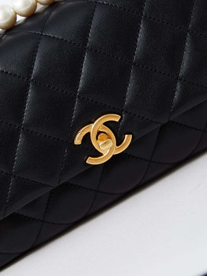 Chanel AS4997 Flap Bag with top Handle Shiny Lambskin  Imitation Pearls & Gold-Tone Metal Black - Default Title - View 2