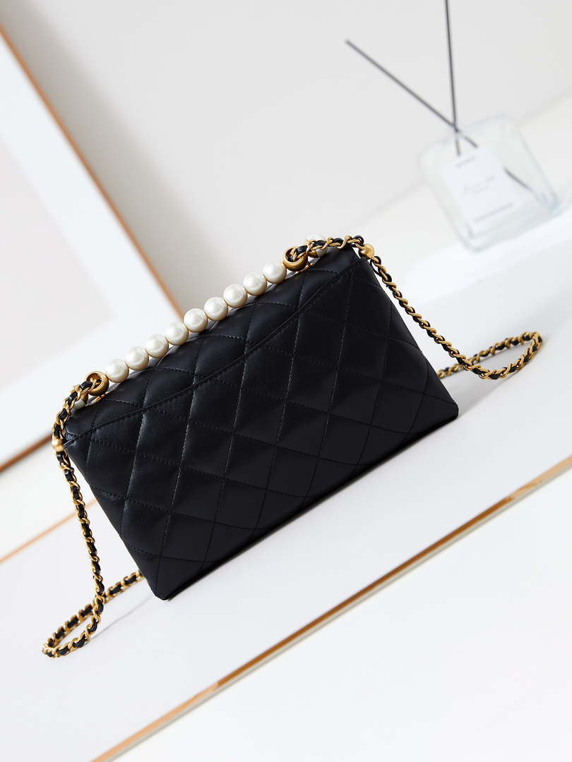 Chanel AS4997 Flap Bag with top Handle Shiny Lambskin  Imitation Pearls & Gold-Tone Metal Black