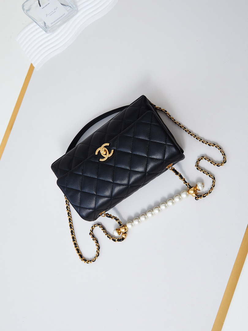 Chanel AS4997 Flap Bag with top Handle Shiny Lambskin  Imitation Pearls & Gold-Tone Metal Black