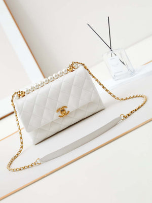 Chanel AS4997 Flap Bag with top Handle Shiny Lambskin  Imitation Pearls & Gold-Tone Metal White - Default Title - View 1