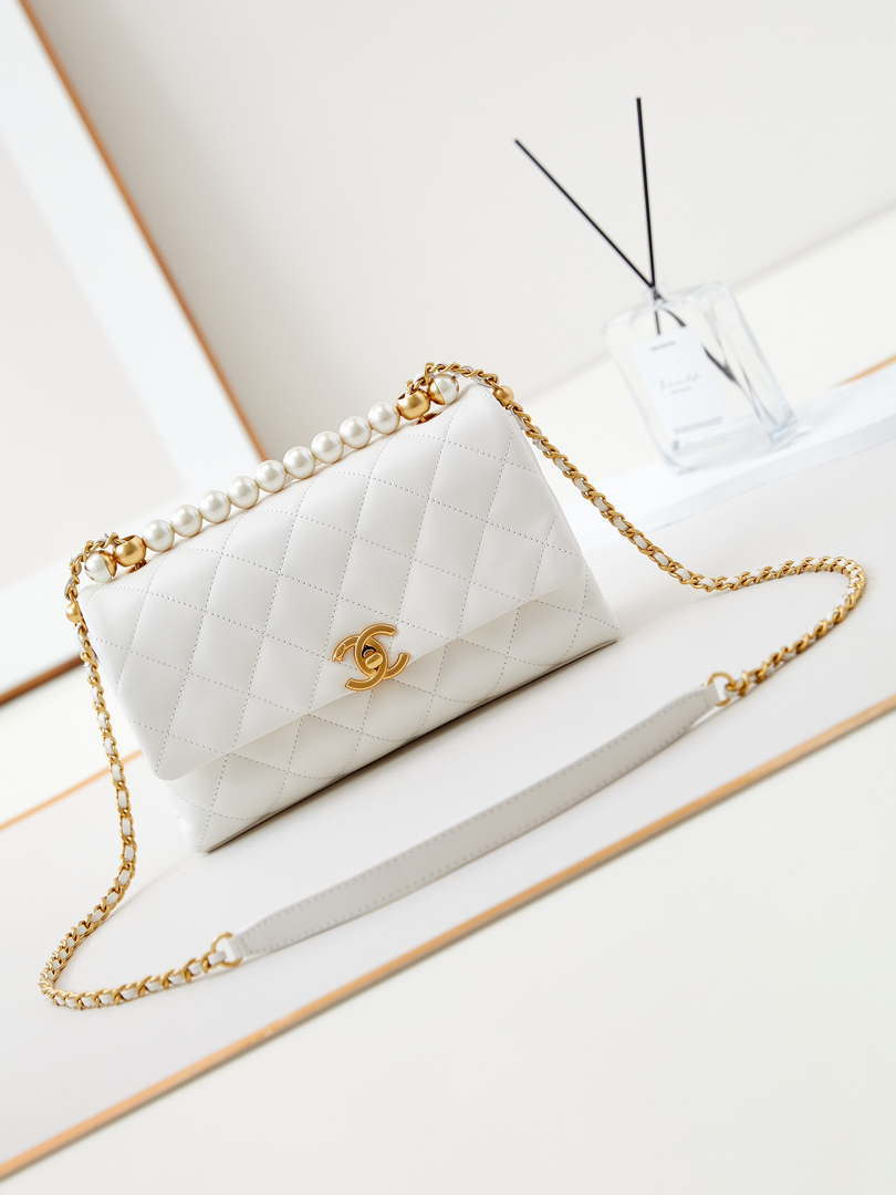 Chanel AS4997 Flap Bag with top Handle Shiny Lambskin  Imitation Pearls & Gold-Tone Metal White