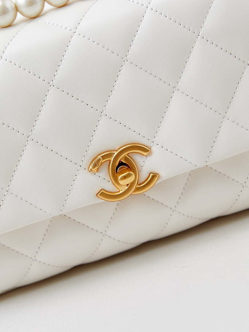 Chanel AS4997 Flap Bag with top Handle Shiny Lambskin  Imitation Pearls & Gold-Tone Metal White - Default Title - View 2