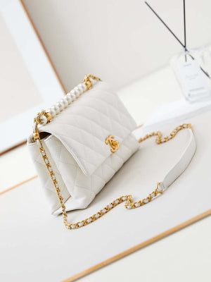 Chanel AS4997 Flap Bag with top Handle Shiny Lambskin  Imitation Pearls & Gold-Tone Metal White - Default Title - View 3