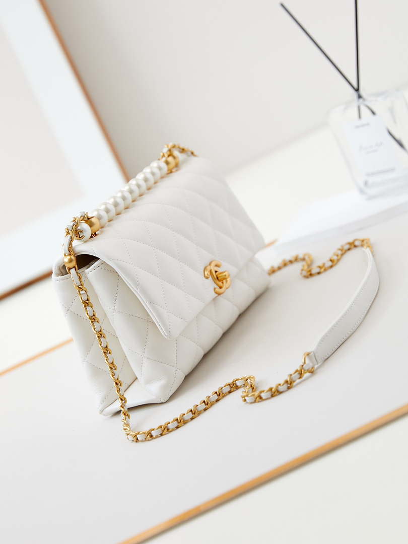 Chanel AS4997 Flap Bag with top Handle Shiny Lambskin  Imitation Pearls & Gold-Tone Metal White - Default Title - View 3