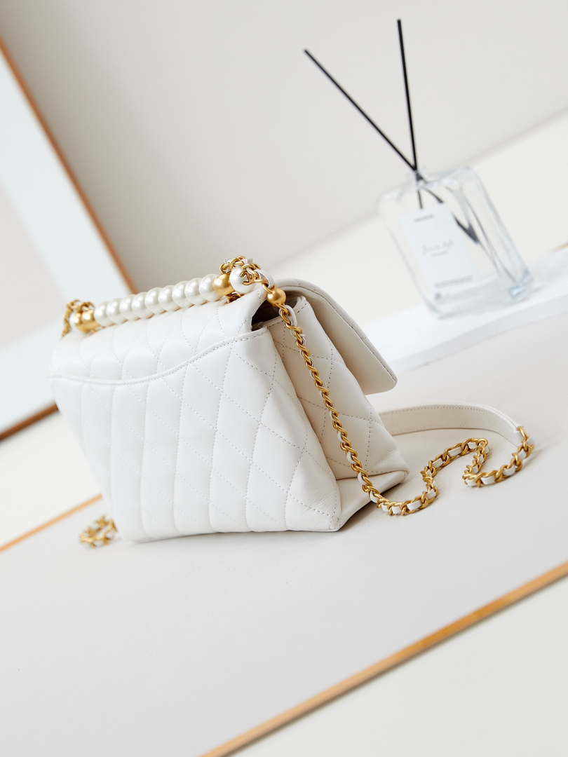 Chanel AS4997 Flap Bag with top Handle Shiny Lambskin  Imitation Pearls & Gold-Tone Metal White