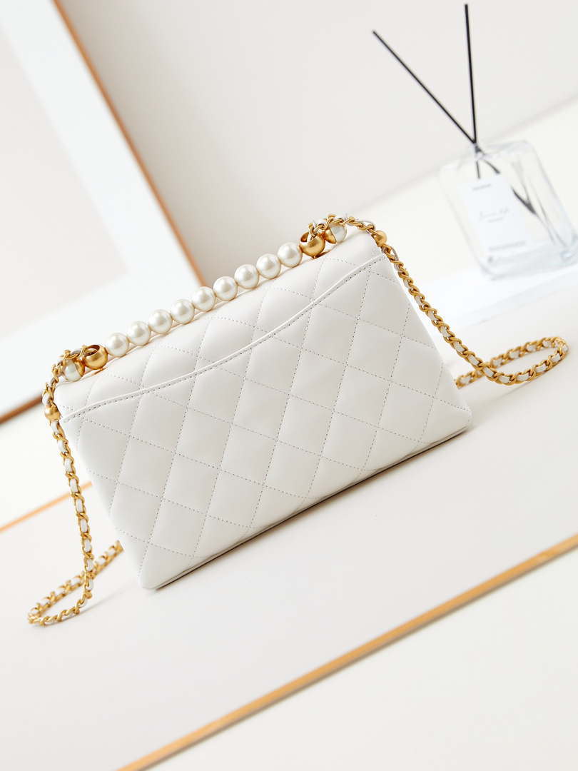 Chanel AS4997 Flap Bag with top Handle Shiny Lambskin  Imitation Pearls & Gold-Tone Metal White