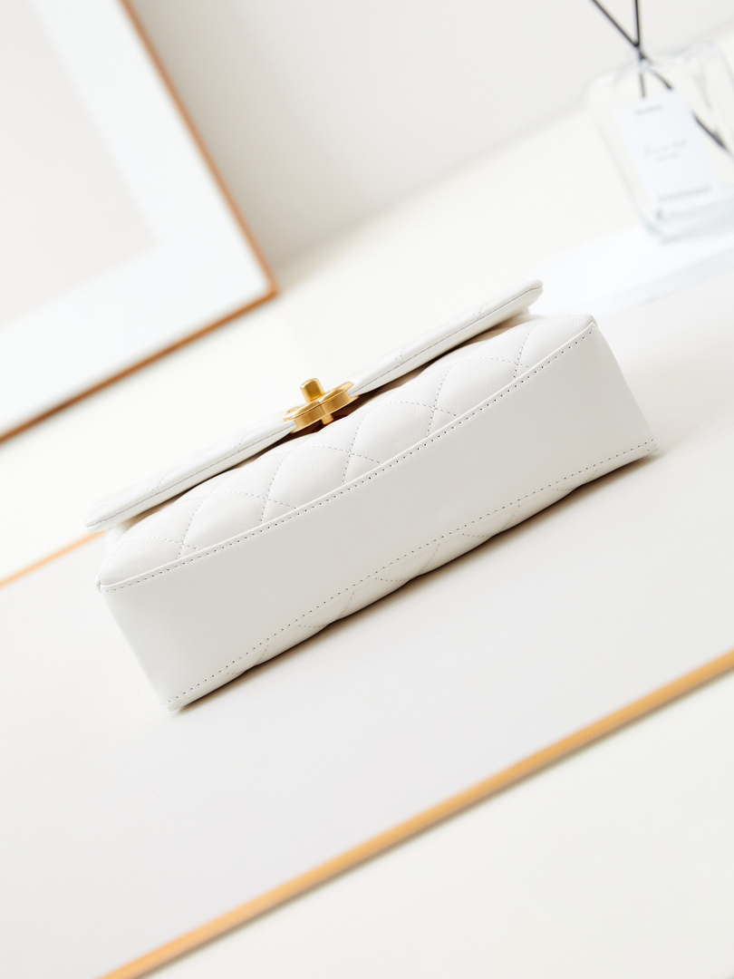Chanel AS4997 Flap Bag with top Handle Shiny Lambskin  Imitation Pearls & Gold-Tone Metal White