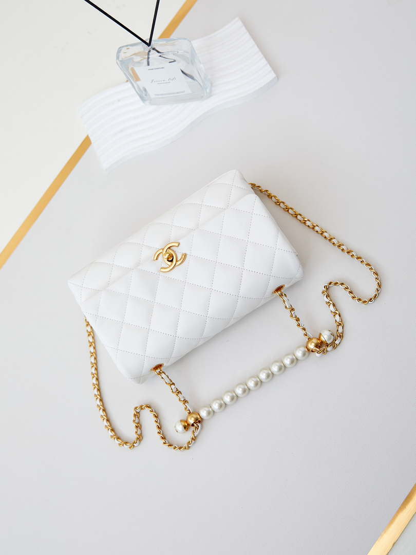 Chanel AS4997 Flap Bag with top Handle Shiny Lambskin  Imitation Pearls & Gold-Tone Metal White