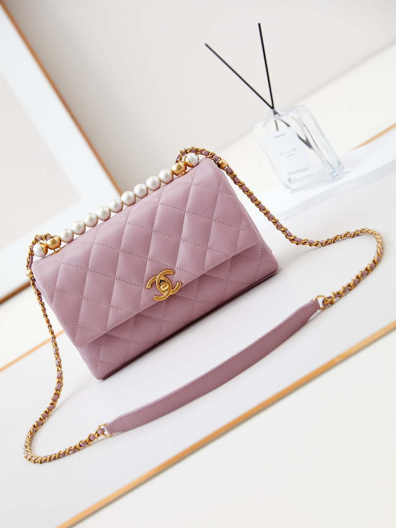 Chanel AS4997 Flap Bag with top Handle Shiny Lambskin  Imitation Pearls & Gold-Tone Metal Pink - Default Title - View 1