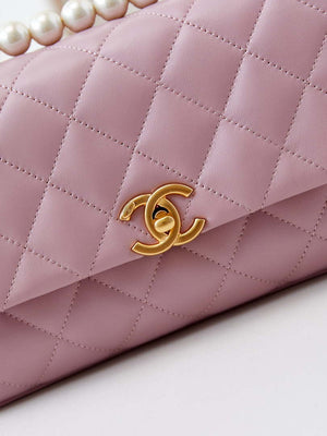 Chanel AS4997 Flap Bag with top Handle Shiny Lambskin  Imitation Pearls & Gold-Tone Metal Pink - Default Title - View 2