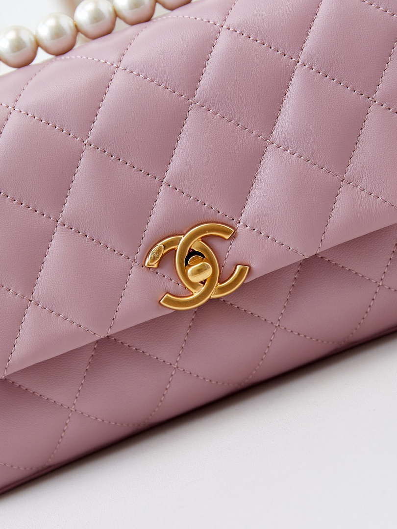 Chanel AS4997 Flap Bag with top Handle Shiny Lambskin  Imitation Pearls & Gold-Tone Metal Pink