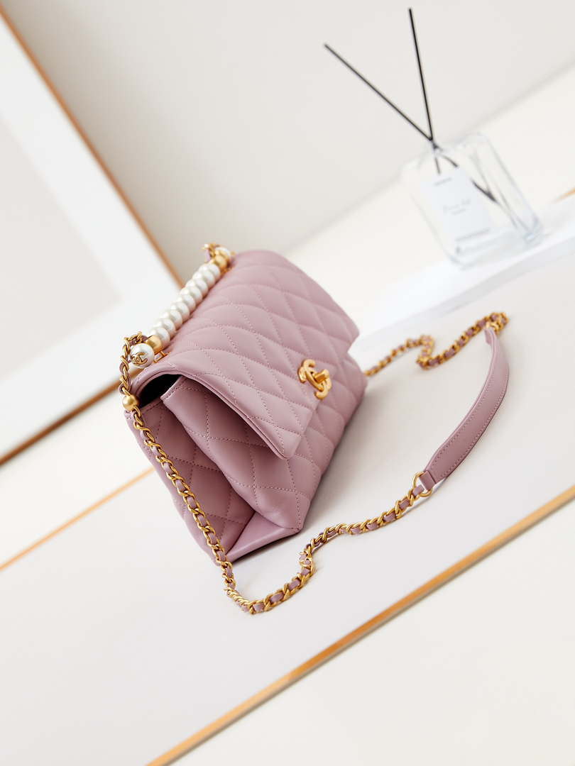 Chanel AS4997 Flap Bag with top Handle Shiny Lambskin  Imitation Pearls & Gold-Tone Metal Pink - Default Title - View 3